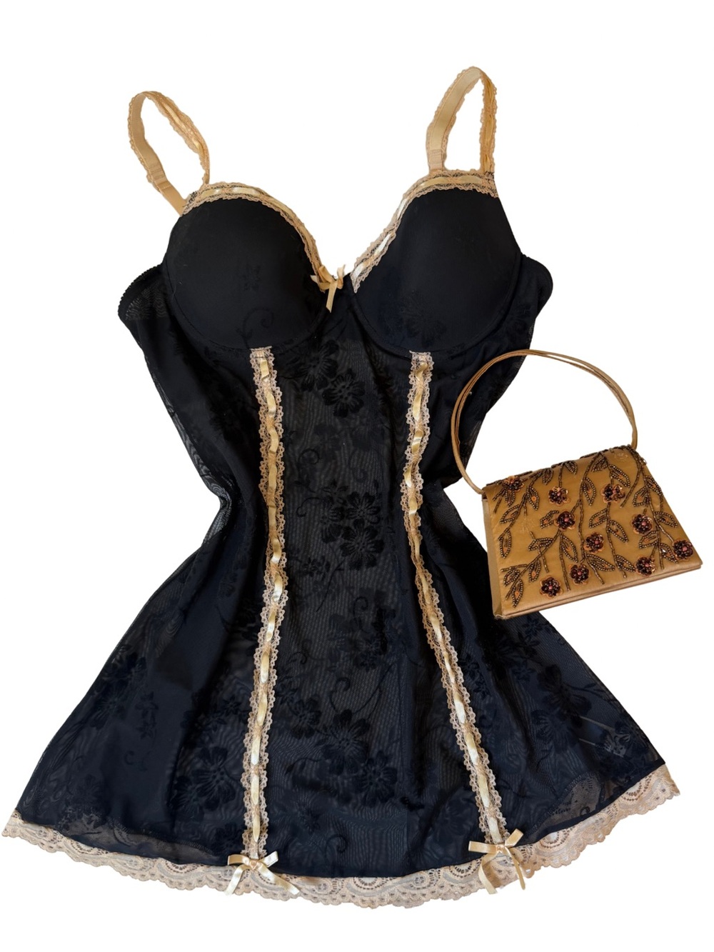 Black Lace Chemise with Gold Trim - Women's Intimates